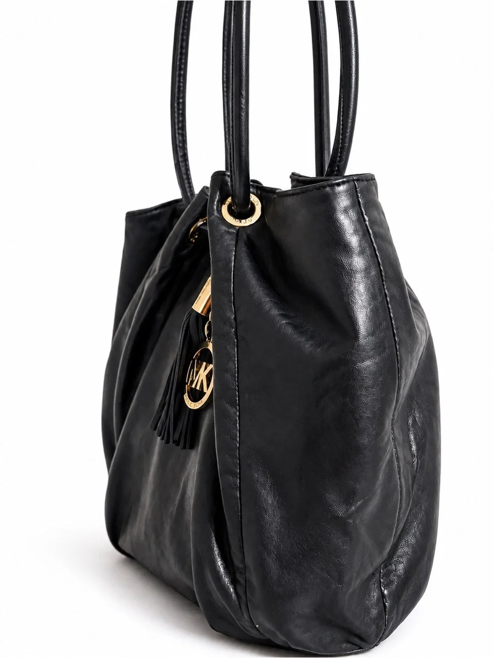 Michael Kors Black Leather Shoulder Tote Bag Gold MK Charming